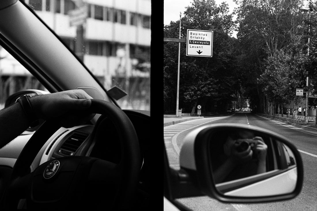 a side by side picture of a person driving a car